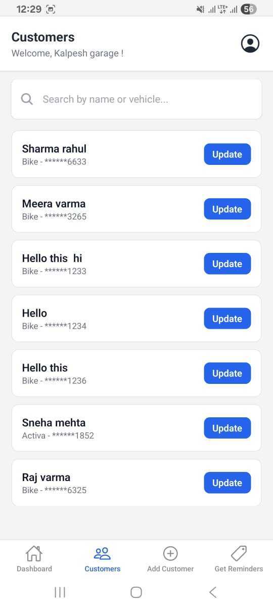 MotorPIP customers list with search and update buttons