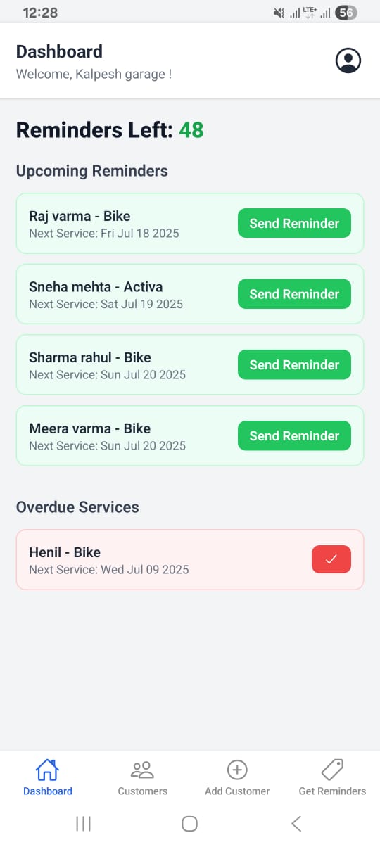 MotorPIP dashboard showing reminders and next services